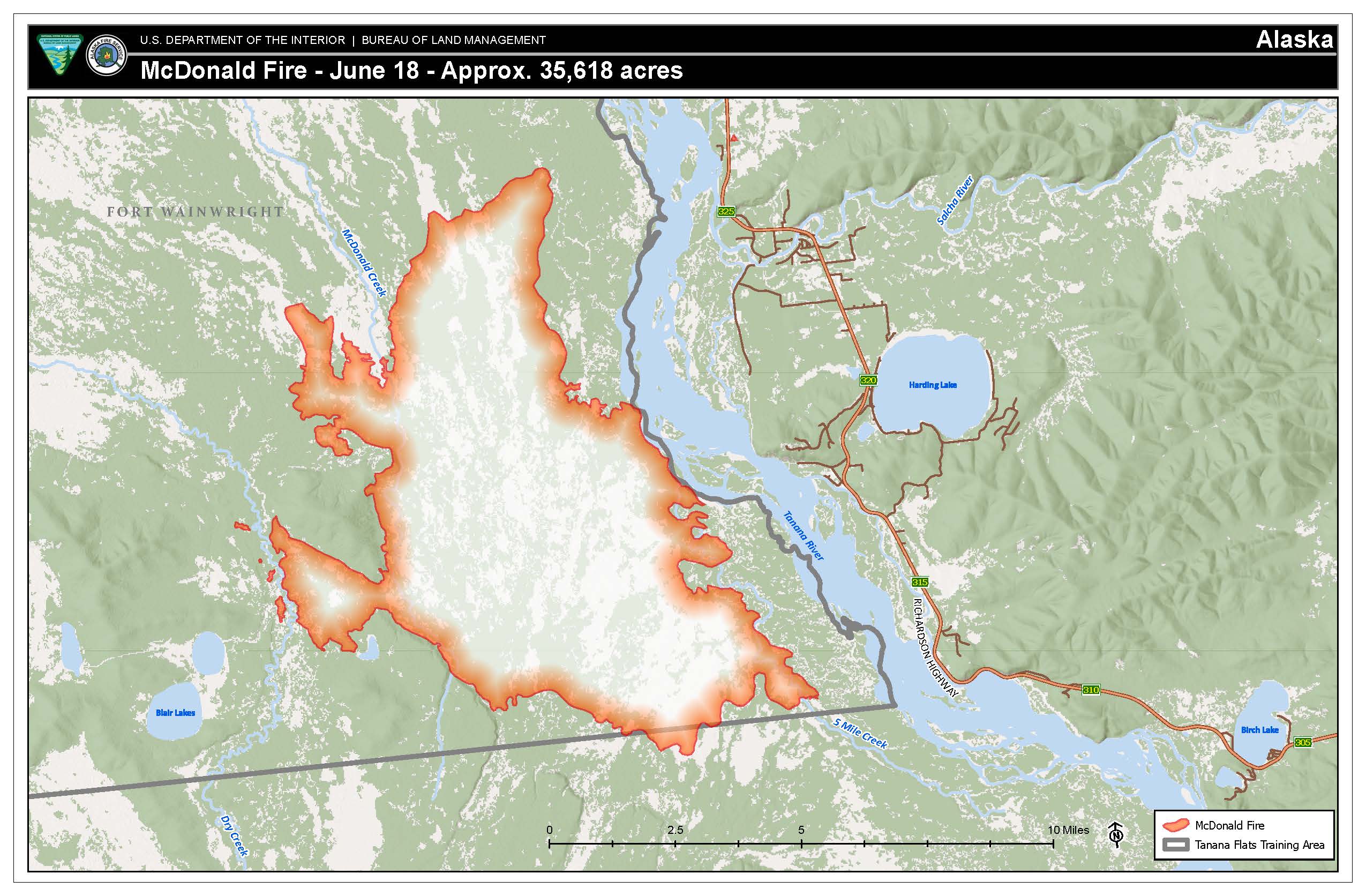 Map showing fire perimeter west of the Tanana River.
