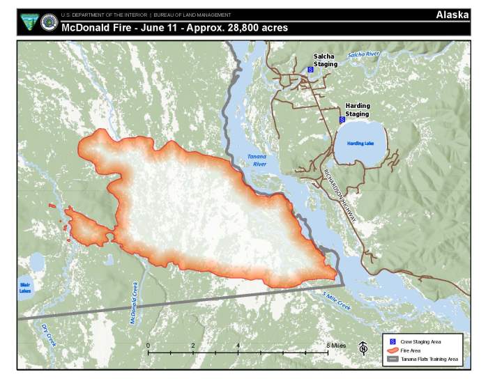 A map of the McDonald Fire burning west of the Tanana River on June 11, 2024.