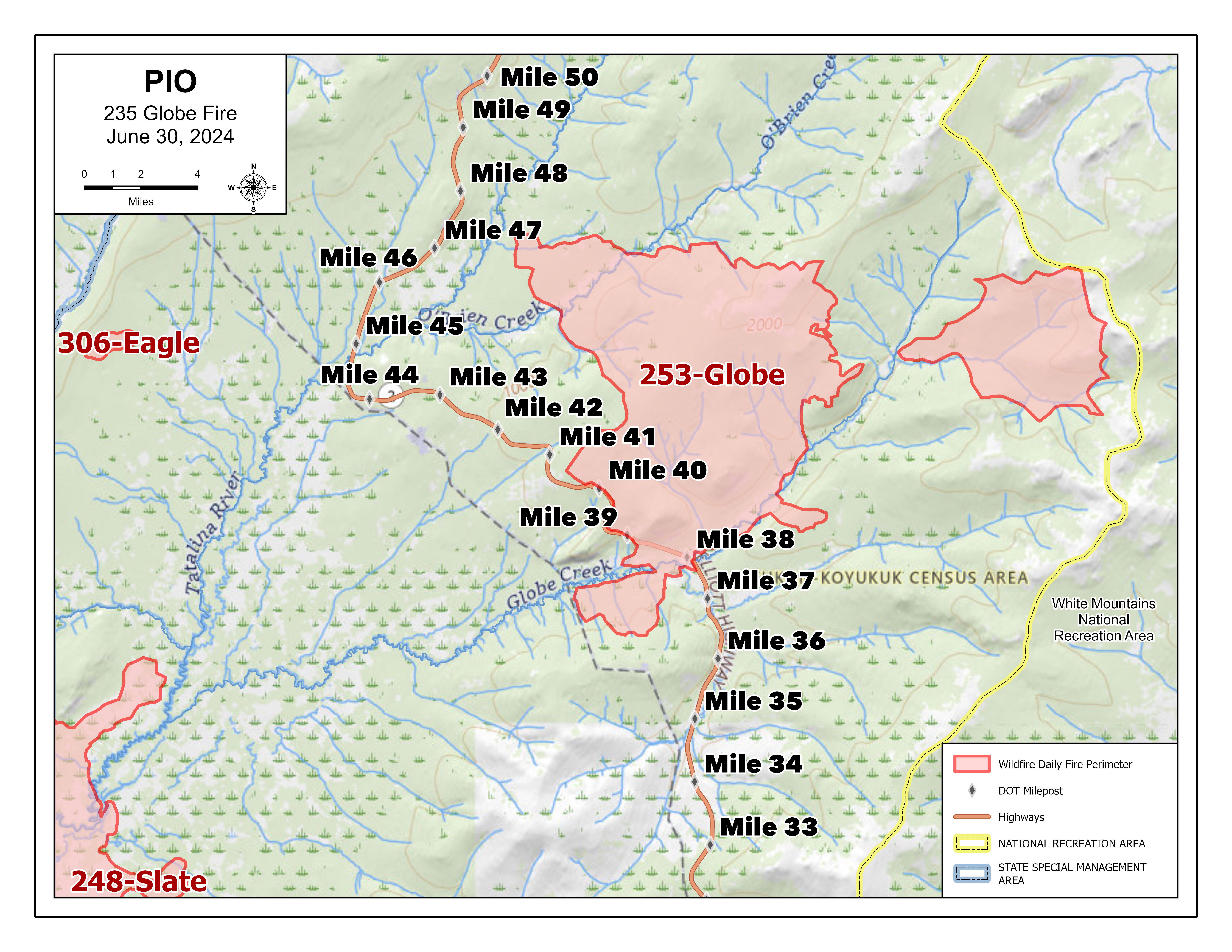 Map showing fire areas for three fires next to a highway.