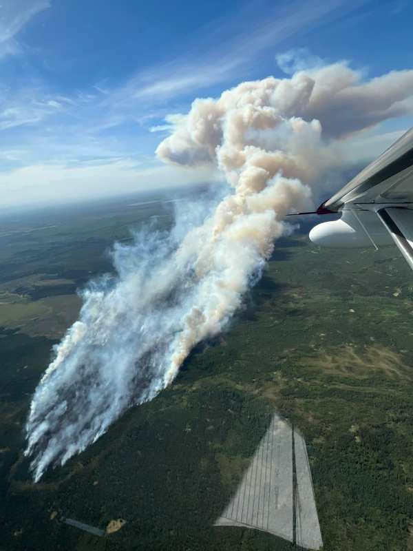 A long smoke plume rising off a forest fire.