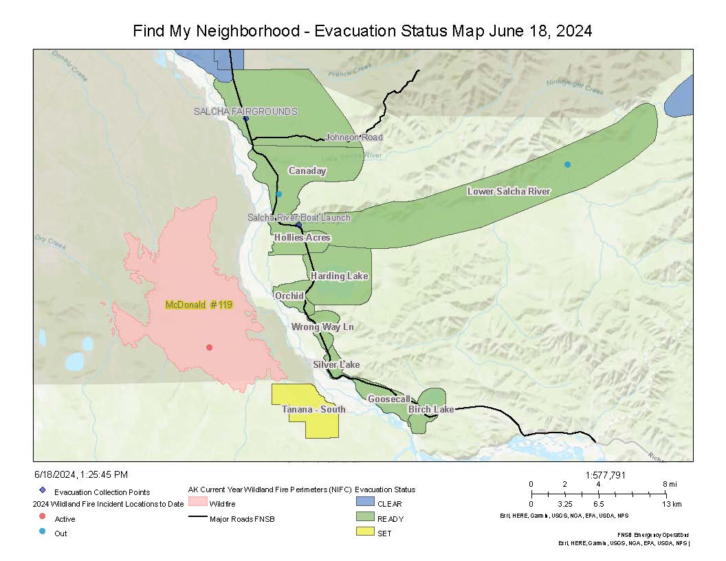Colorful map showing areas under evacuation notice by the Fairbanks North Star Borough.