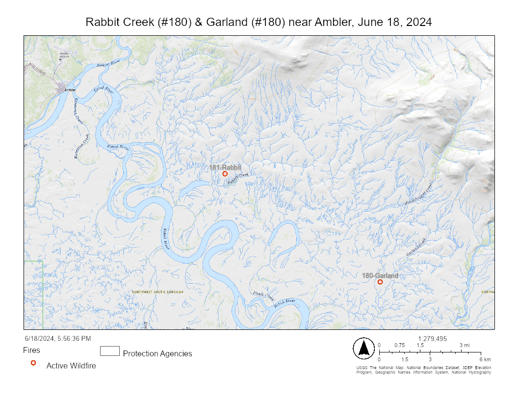 Map showing the location of the Rabbit Fire and the Garland Fire burning southeast of Ambler and east of the Kobuk River.