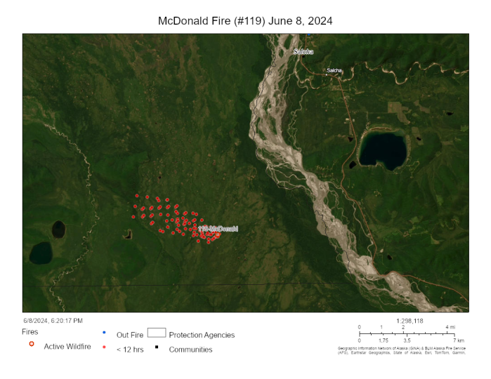 Map of area where the McDonald Fire is burning within the Tanana Flats Military Training Area. The red dots show heat signatures picked up by satellite to show the fire is burning farther into the training range.