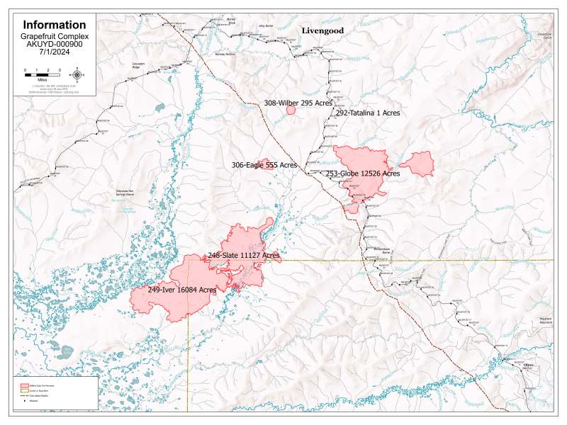 Map showing the Grapefruit Complex Fires; Globe (#253), Iver/Slate (#249), Eagle (#306), Wilbur (#308), and Tatalina (#292). 