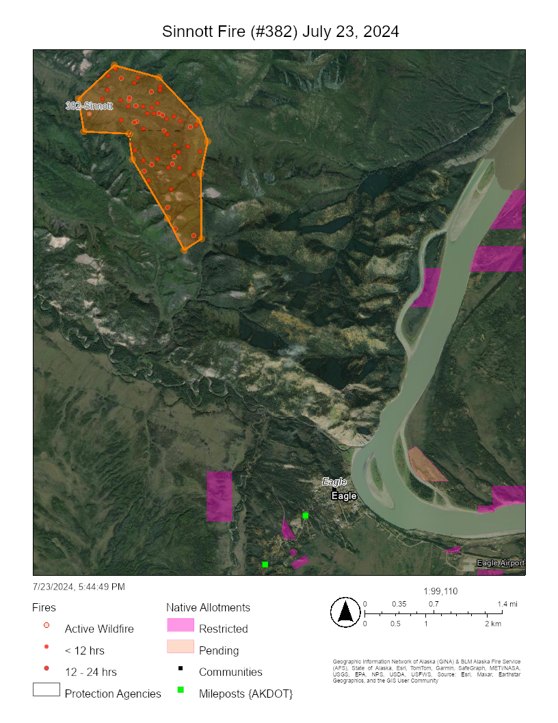 Map showing the fire area north of a community.