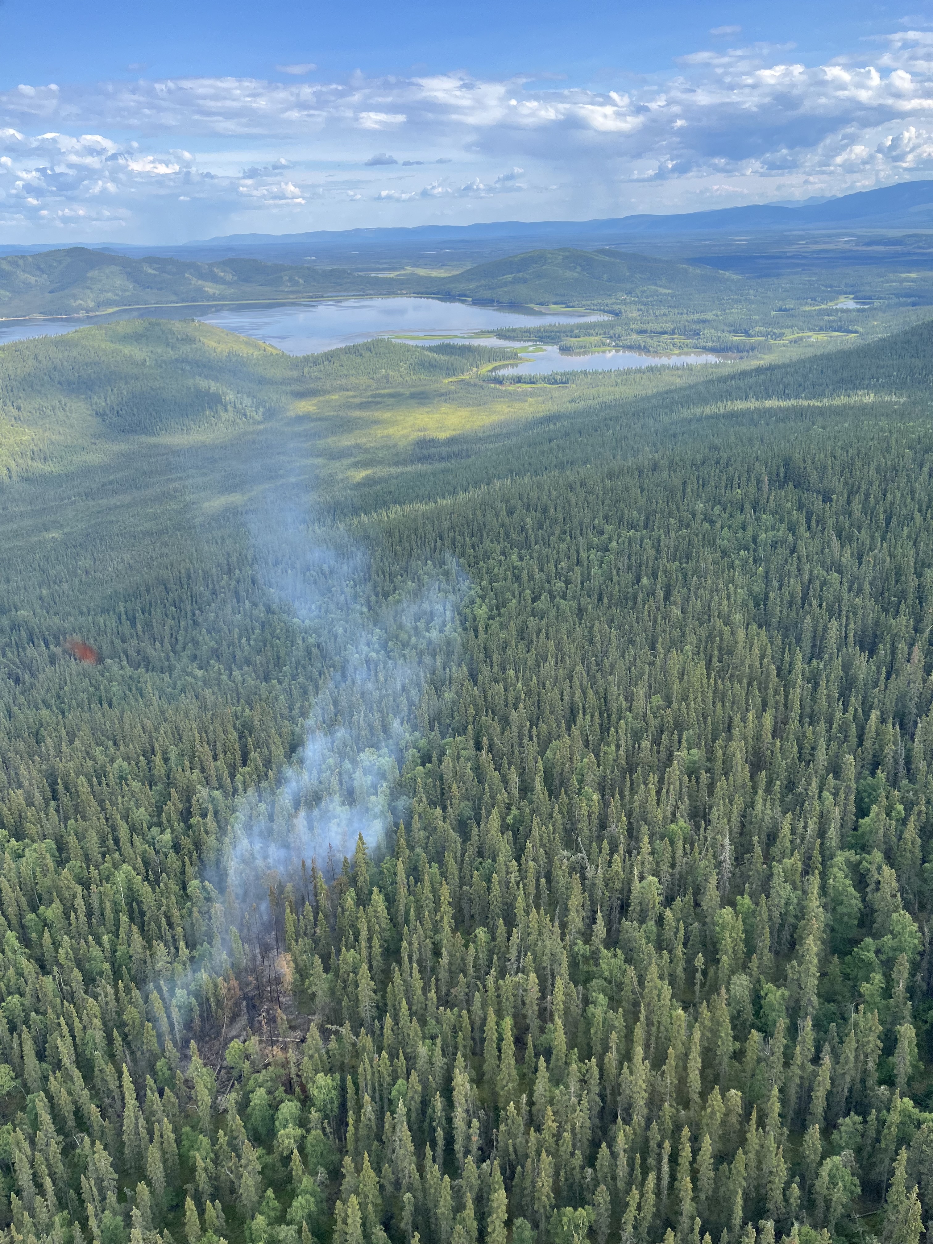 Aerial view of the small smoke column the Glaman Lake Fire (#381) began putting up on July 21 after laying dormant for two weeks.