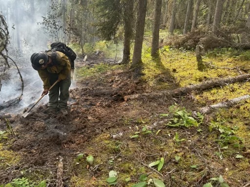 Firefighter works on Glaman Lake Fire (#381) line.