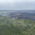 Arial view of fire with green trees in the foreground and a patchwork of black and brown areas with smoke rising from the edges