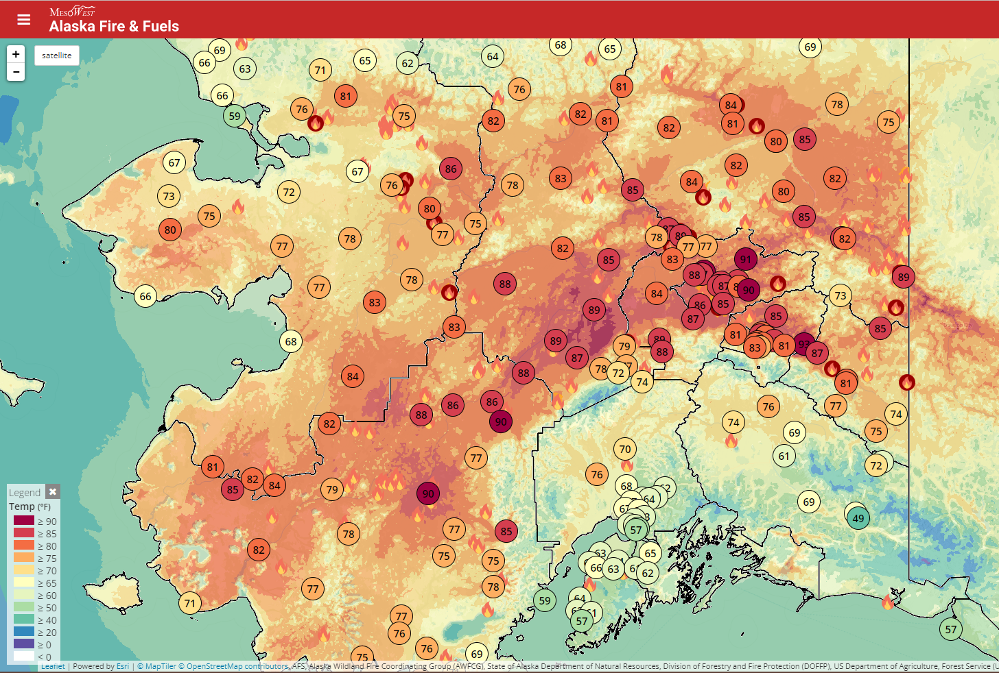 Part of a map of Alaska showing red and orange bubble indicating temperatures in the 70s to 90 throughout Interior Alaska.