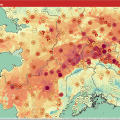 Part of a map of Alaska showing red and orange bubble indicating temperatures in the 70s to 90 throughout Interior Alaska.