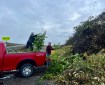 Two individuals are unloading brush from the bed of a red pickup truck at a designated disposal area.