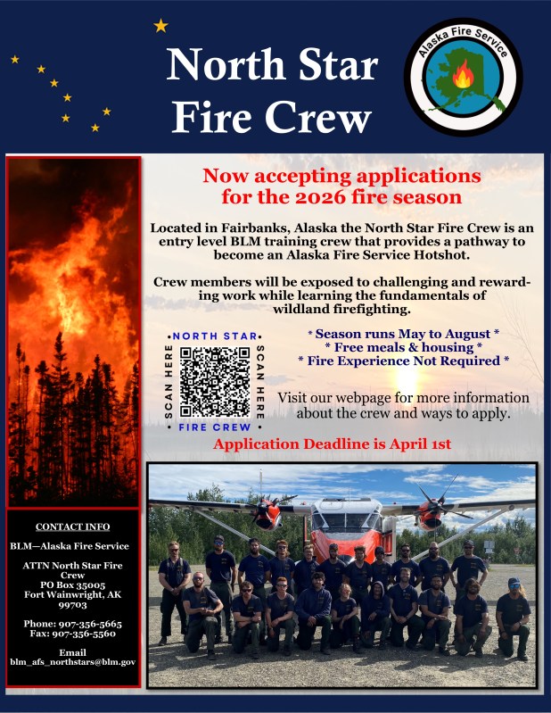 Flier for the 2026 North Star Fire crew featuring a banner with the Alaska flag, the Alaska Fire Service graphic and a photo of the crew from a few years ago.