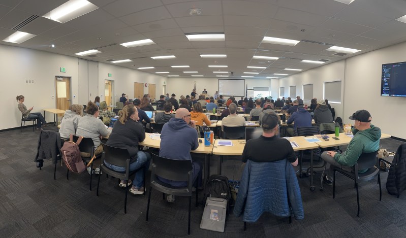 Division of Forestry & Fire Protection staff sit in a classroom during Spring Operations training in Wasilla Alaska.