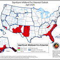 map of the united states showing Significant wildland fire potential outlook for April, 2025. Southern and coastal areas in Alaska are shaded in red for above normal, along with Florida and the lower east coast, areas of mid and northern Texas, and areas in Arizona and New Mexico.