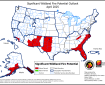 map of the united states showing Significant wildland fire potential outlook for April, 2025. Southern and coastal areas in Alaska are shaded in red for above normal, along with Florida and the lower east coast, areas of mid and northern Texas, and areas in Arizona and New Mexico.