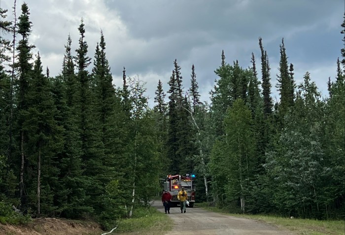 An engine crew with a crew to lay hose.
