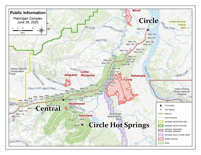Map of the fires that make up the Ptarmigan Complex around the communities of Central and Circle.