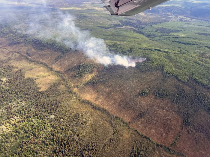 An aerial photo shows wildfire smoke rising from a forested area at the top of a bluff.
