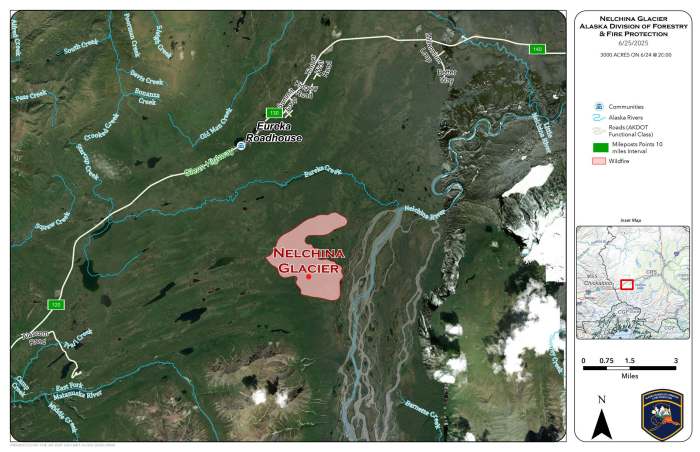 Map of Nelchina Glacier fire perimeter with satellite imagery in the background. 