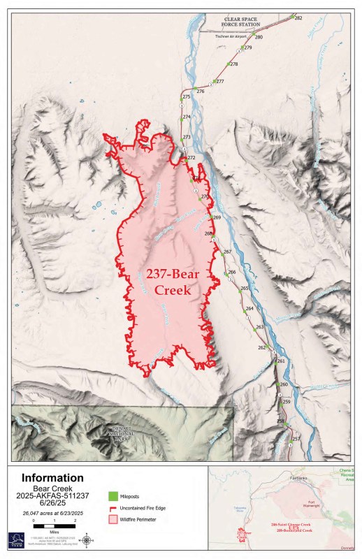 The location and extent of the Bear Creek Fire.