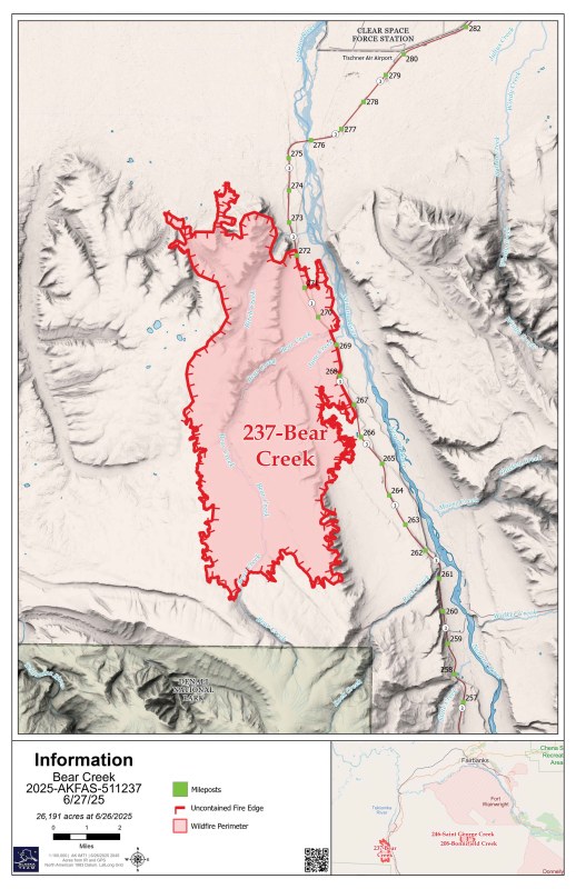 The location and extent of the Bear Creek Fire, June 27.