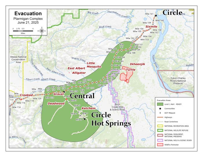 A colorful map showing an area evacuated in a large blog near Central and Circle Hot Springs.