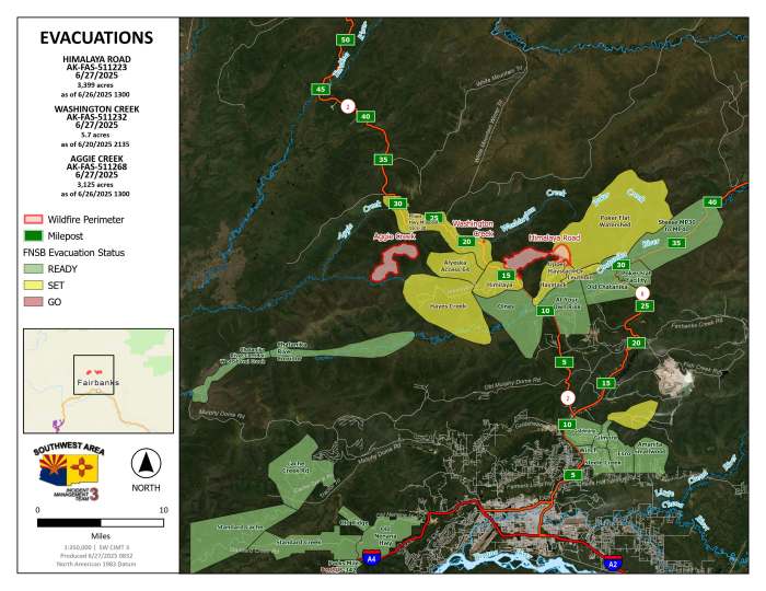 Current evacuation level map for communities impacted by Aggie Creek, Himalaya Road and Washington Creek fires. 
