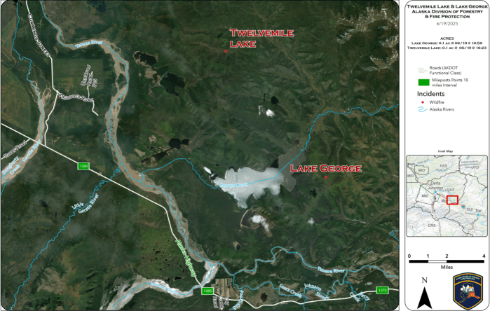 Map of Twelvemile and Lake George fires on June 19, 2025