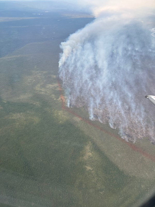 Fire retardant line on the northern flank of the Nelchina Glacier Fire as seen from air attack.