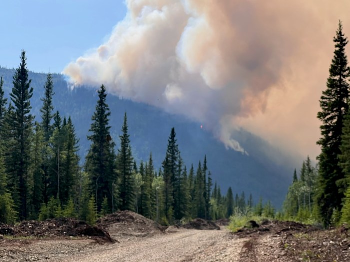 Image of wildfire on a ridge. Smoke billowing into the air