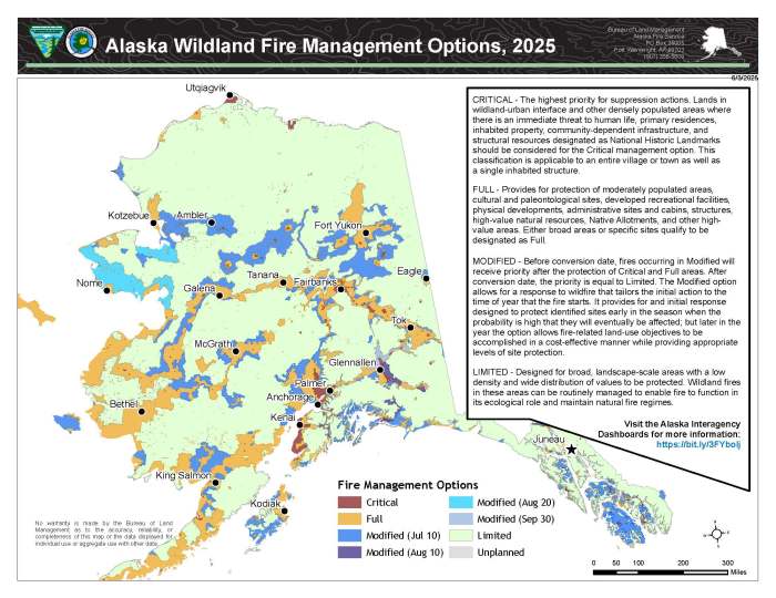 Map of Alaska showing the different management options which dictate the initial response for wildland fires showing different colors - red, orange, blue and largely green.