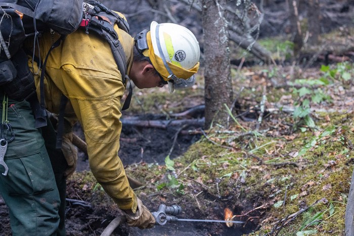 A firefighter squirts water into ground vegetation to extinguish small flames.