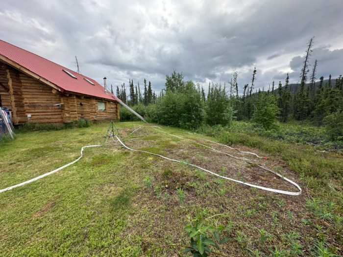 A log cabin has a sprinkler set up and hose around it. All the grass has been mowed around it.
