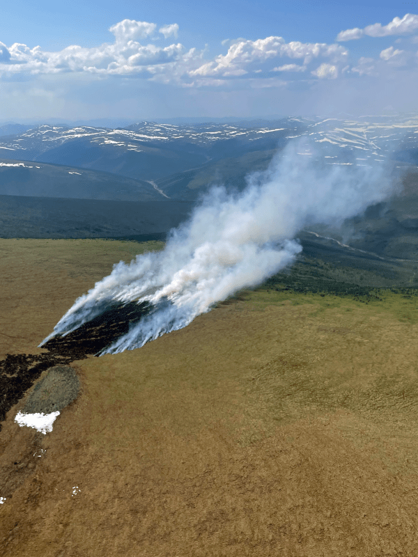 Smoke billows up from a burned spot in the midst of yellow grass with mountains in the background.