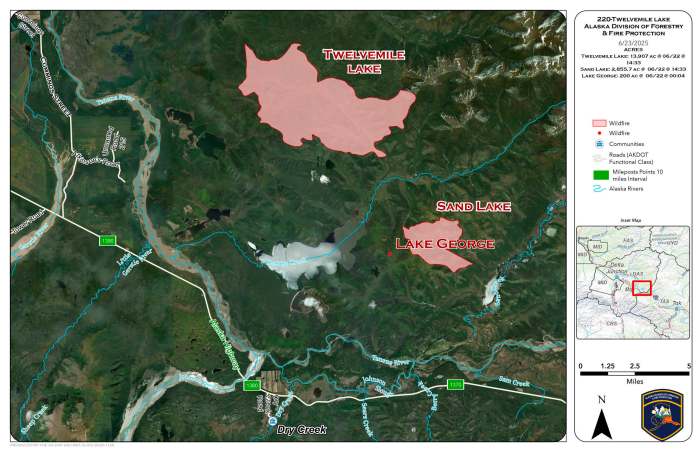 Map of Twelvemile, Sand Lake, and Lake George fire on June 23, 2025