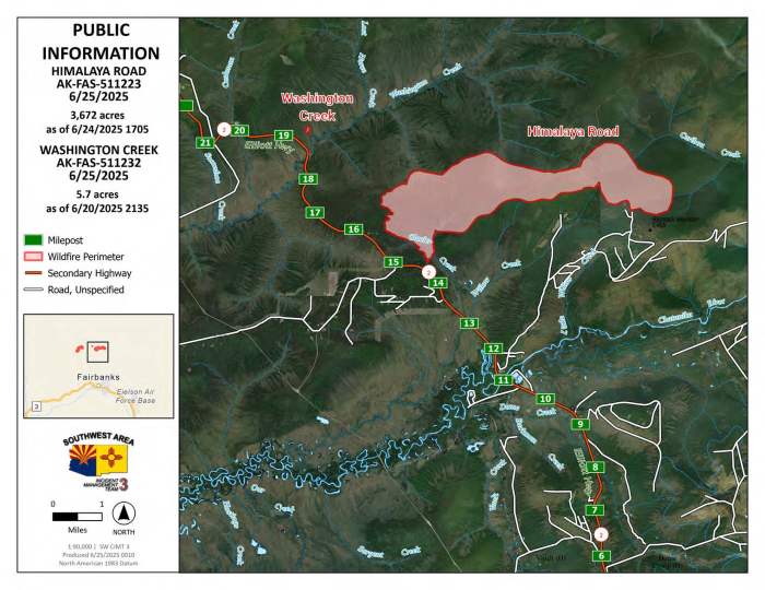 Map showing perimeter of the Himalaya Road Fire, roads and topography