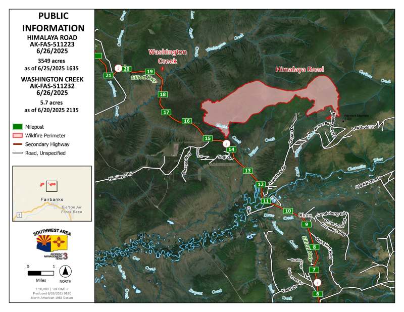 Public Information map of the Himalaya Road and Washington Creek Fires