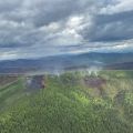 Aerial view of forest with burned black areas and a few light smoke columns along the perimeter of burned pockets of forest.