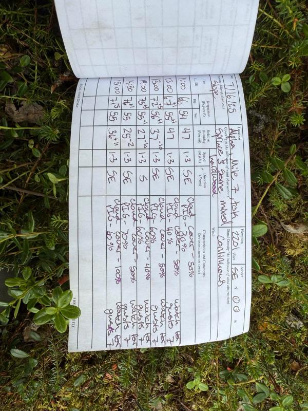 A close-up of an open field notebook page showing structured weather data and various metrics related to a fire incident, placed on a green, mossy ground.