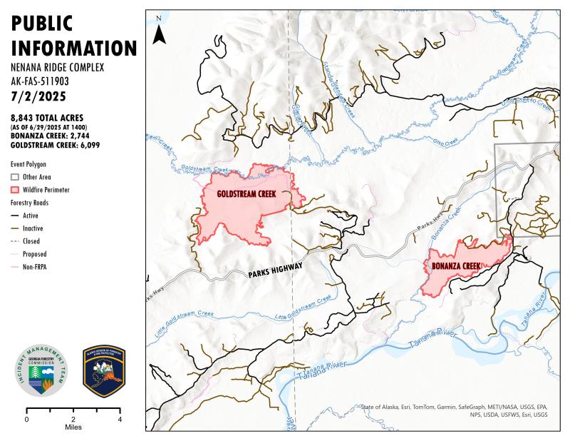 Map showing Nenana Ridge Complex fires on July 2, 2025.