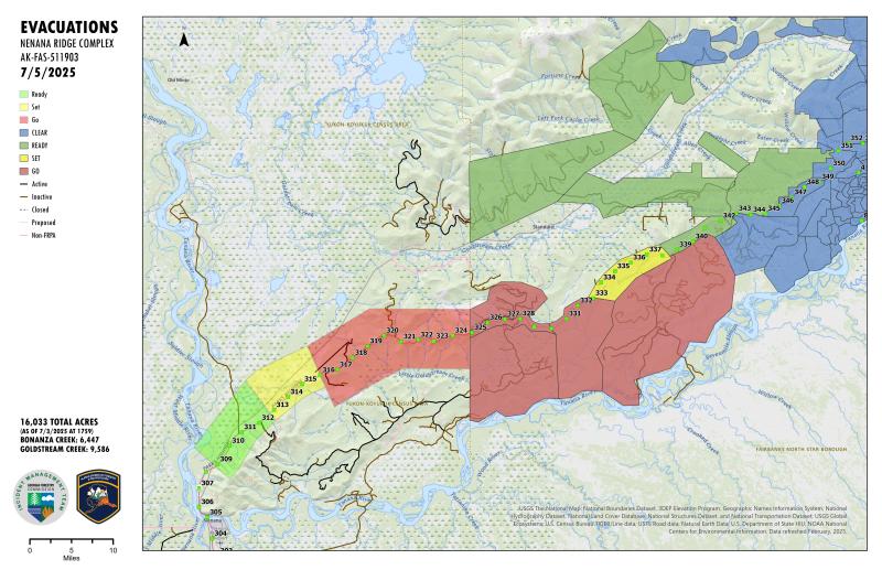 Evacuation map of the Nenana Ridge Complex fires as of July 5, 2025