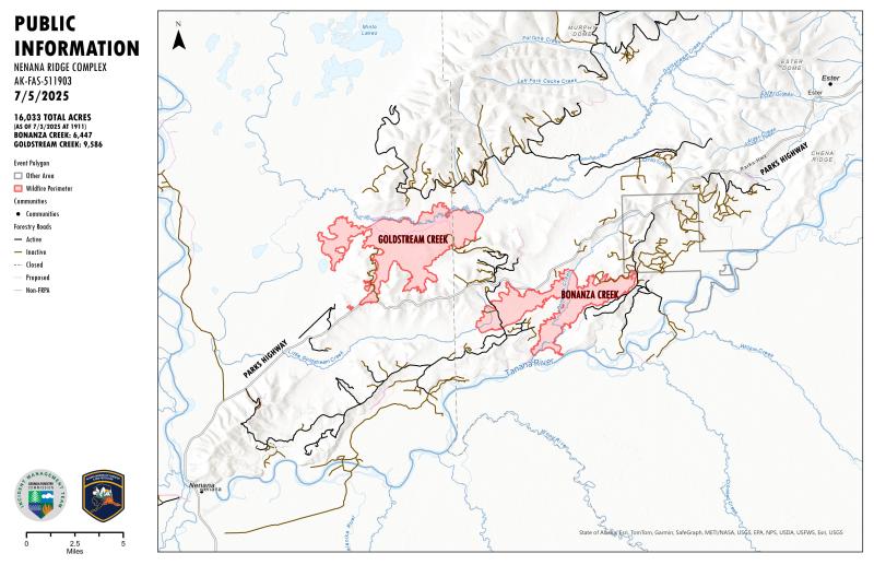 Map Nenana Ridge Complex fires on July 5, 2025