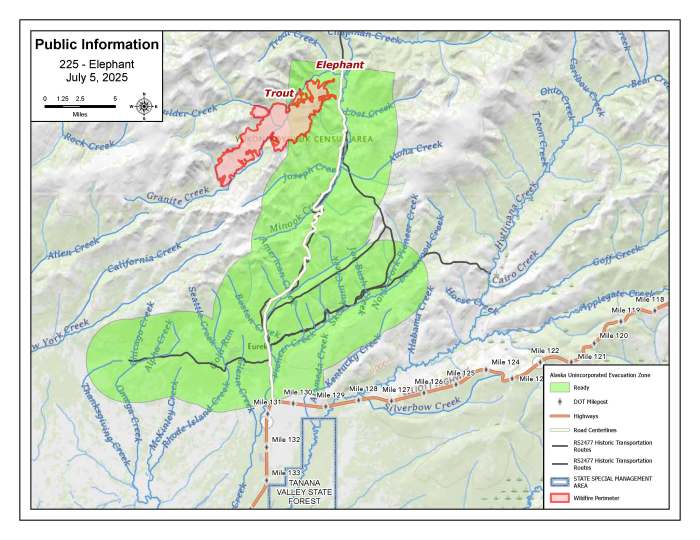 Map of evacuation zone with Elephant fire perimeter. 