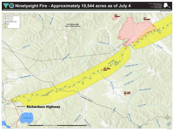 Map of the perimeter of the Ninetyeight Fire including evacuation zones