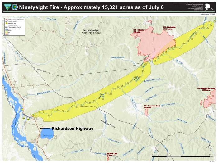 Map of Ninetyeight Fire with Set evacuations from River Mile 4 to River Mile 49