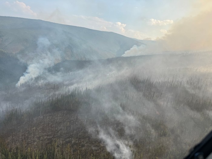 An area of trees and hills affected by fire has smoke drifting and rising.