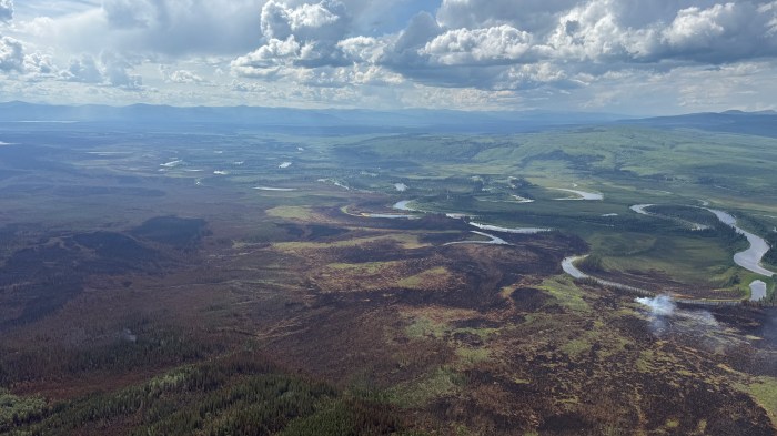 An aerial view of a landscape effected by fire. A braided river, Birch Creek, flows through the center of the image, to the right of the burnt area. A small plume of smoke rises from an area on the fire side of the creek, close to the water. On the far side of Birch Creek, the timber is unburnt and green. Clouds cover the sky,