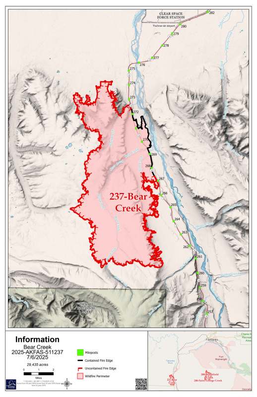 This map shows the extent and range of the Bear Creek Fire as of July 6, 2025.
