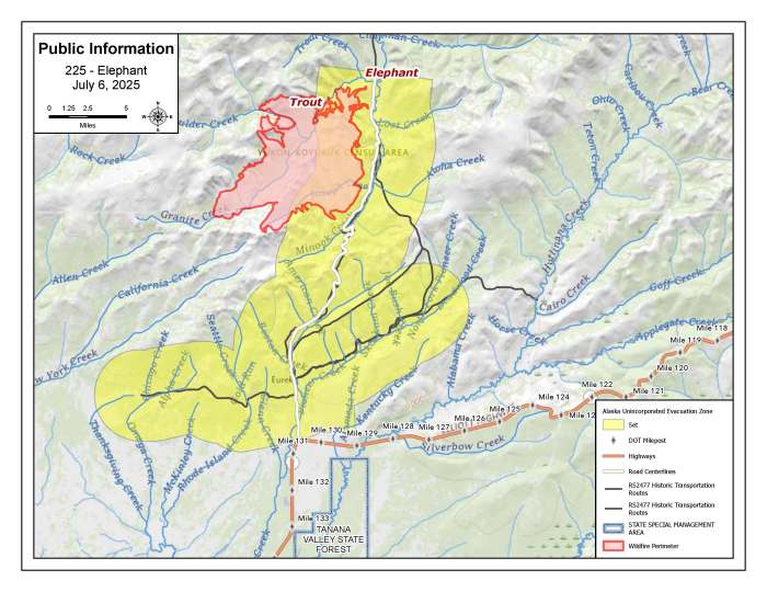 Map of evacuation zone and Elephant fire perimeter