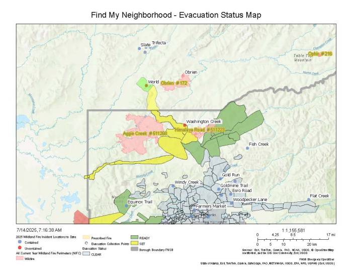 Evacuation Map of Himalaya Road, Aggie Creek, and Obrien Fires for July 14, 2025
